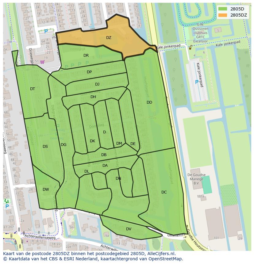 Afbeelding van het postcodegebied 2805 DZ op de kaart.
