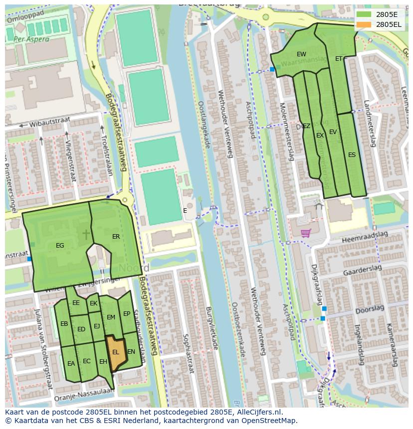 Afbeelding van het postcodegebied 2805 EL op de kaart.