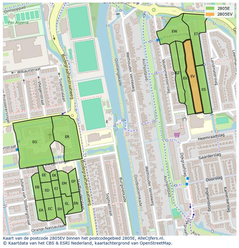 Afbeelding van het postcodegebied 2805 EV op de kaart.