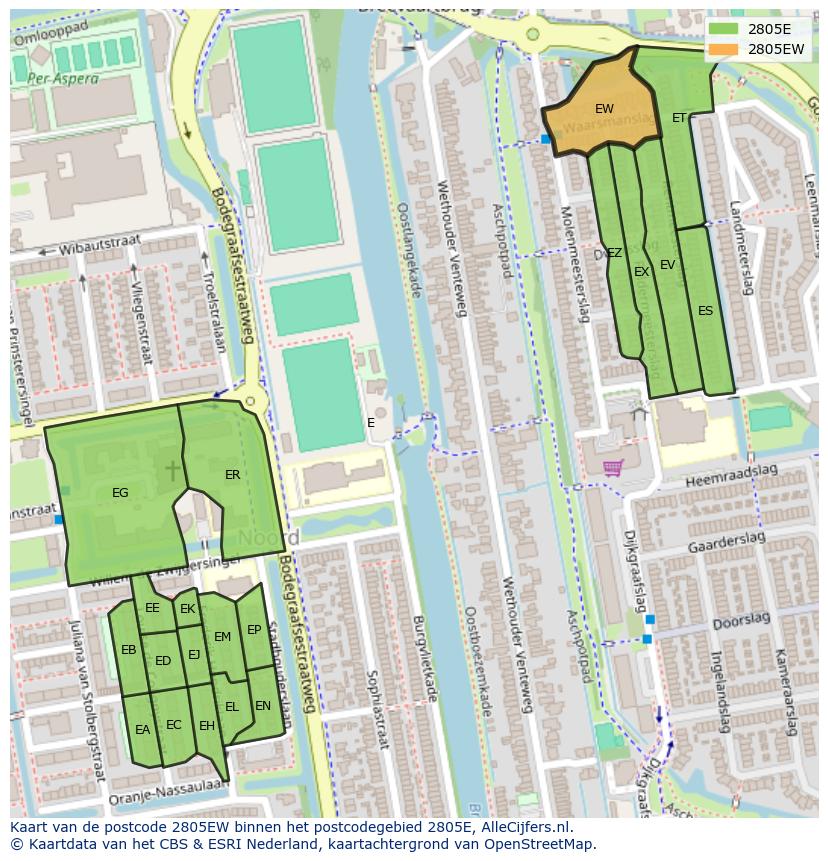 Afbeelding van het postcodegebied 2805 EW op de kaart.