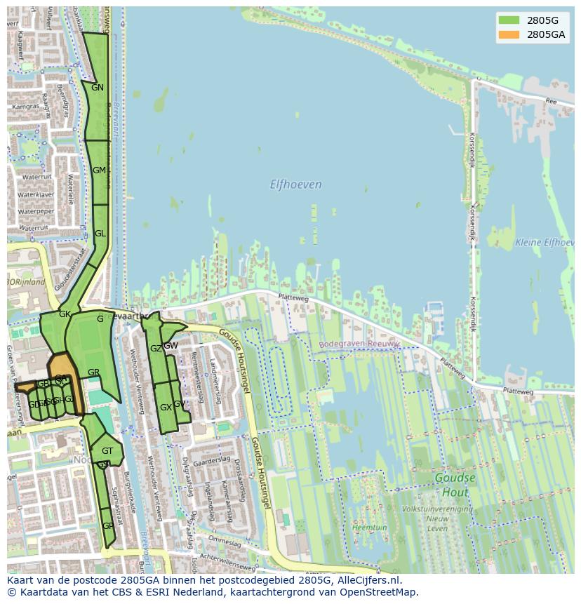 Afbeelding van het postcodegebied 2805 GA op de kaart.