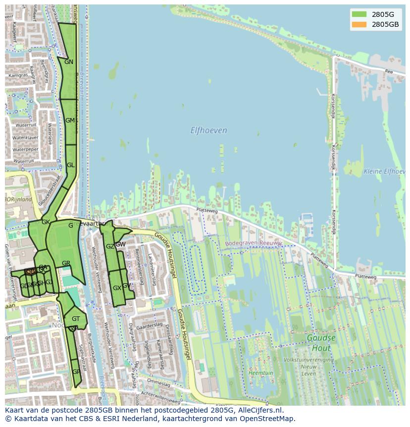 Afbeelding van het postcodegebied 2805 GB op de kaart.