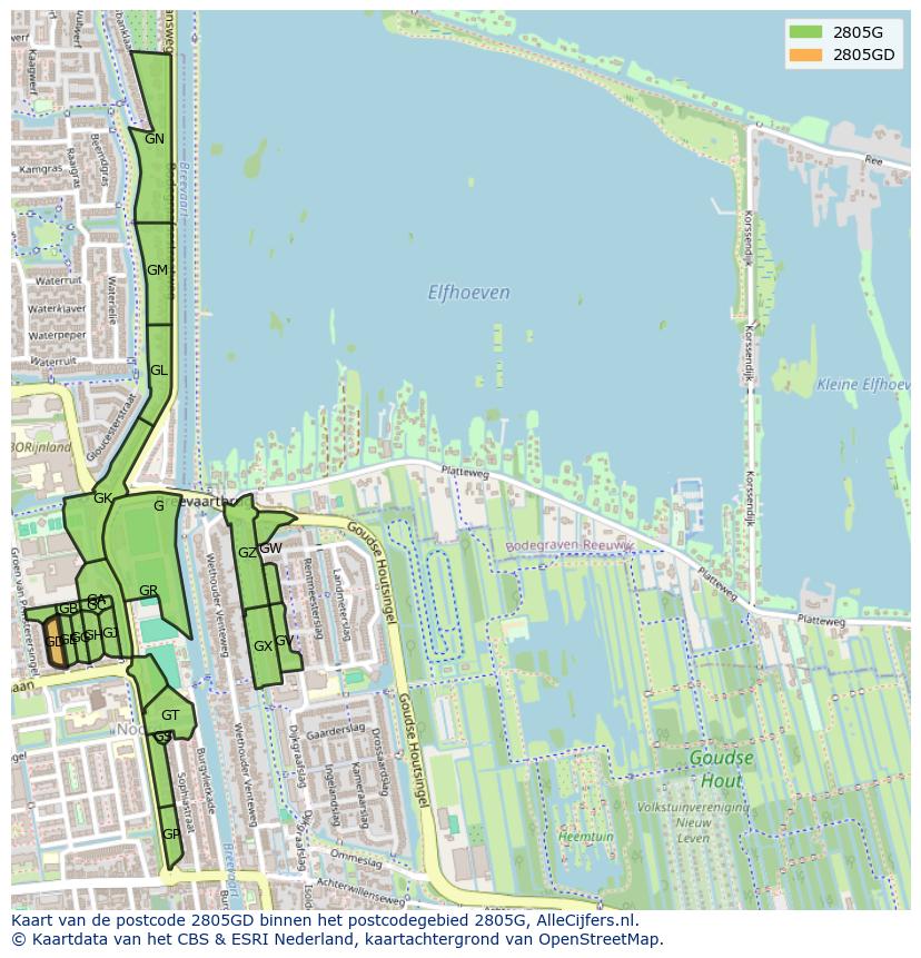Afbeelding van het postcodegebied 2805 GD op de kaart.