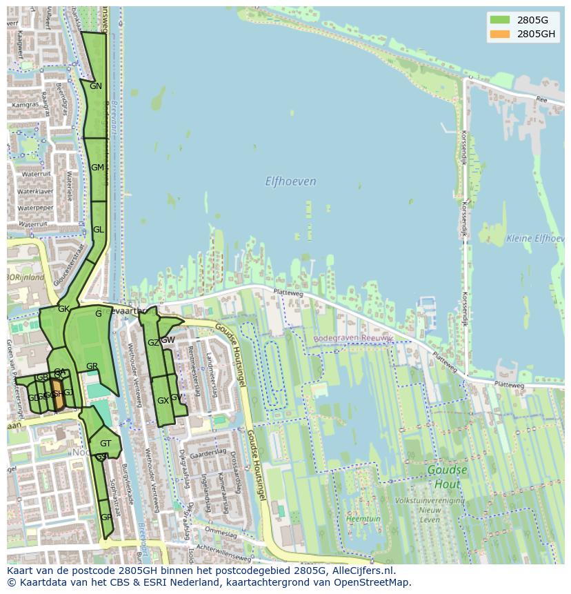 Afbeelding van het postcodegebied 2805 GH op de kaart.