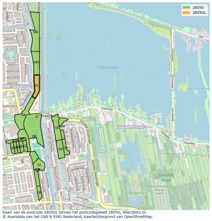 Afbeelding van het postcodegebied 2805 GL op de kaart.
