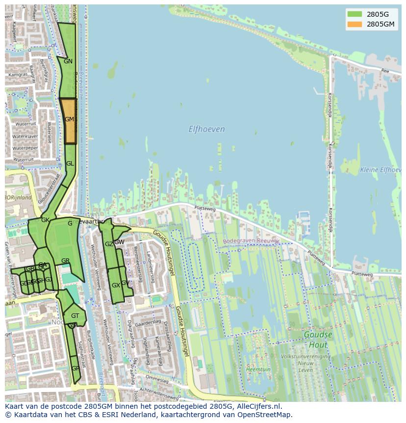 Afbeelding van het postcodegebied 2805 GM op de kaart.
