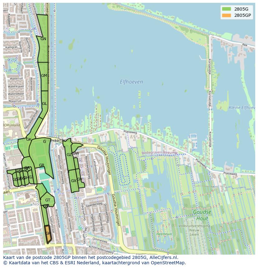 Afbeelding van het postcodegebied 2805 GP op de kaart.
