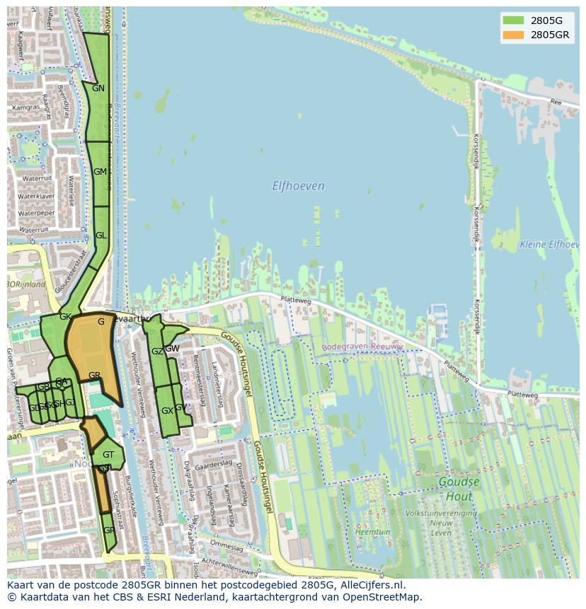 Afbeelding van het postcodegebied 2805 GR op de kaart.