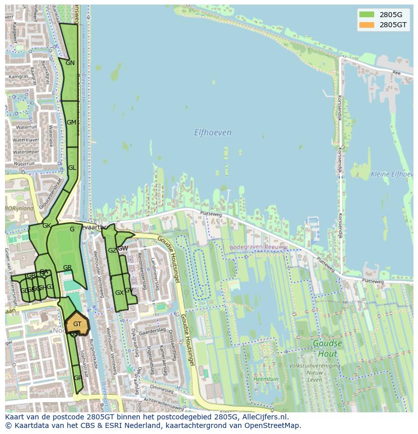 Afbeelding van het postcodegebied 2805 GT op de kaart.