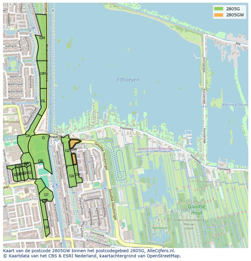 Afbeelding van het postcodegebied 2805 GW op de kaart.