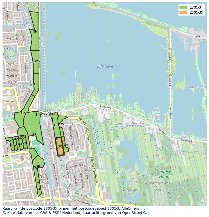 Afbeelding van het postcodegebied 2805 GX op de kaart.