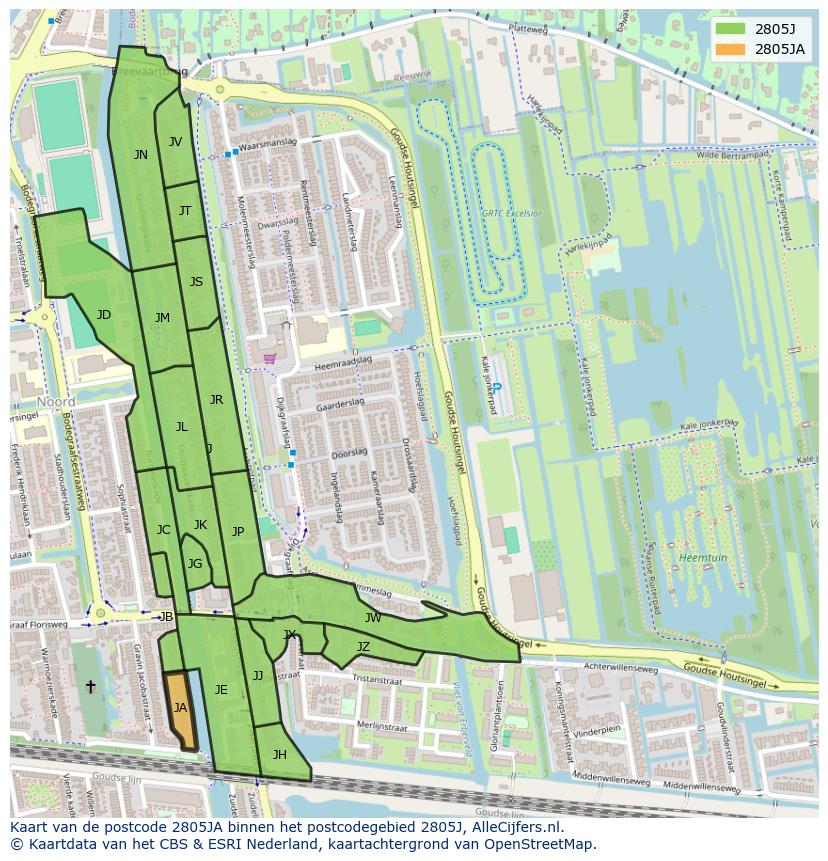 Afbeelding van het postcodegebied 2805 JA op de kaart.