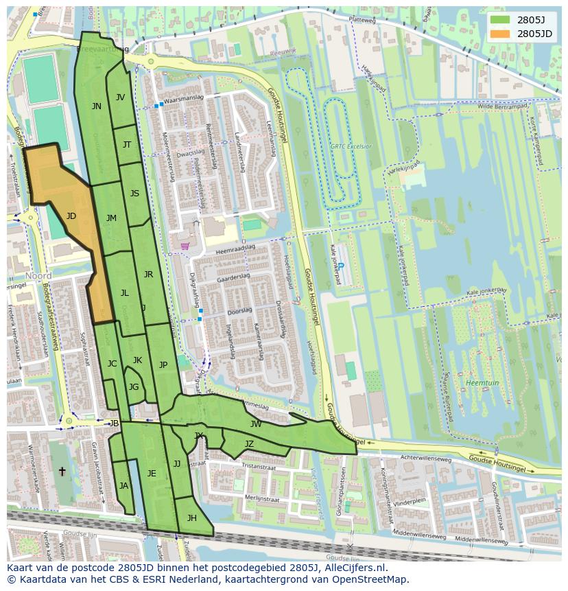 Afbeelding van het postcodegebied 2805 JD op de kaart.