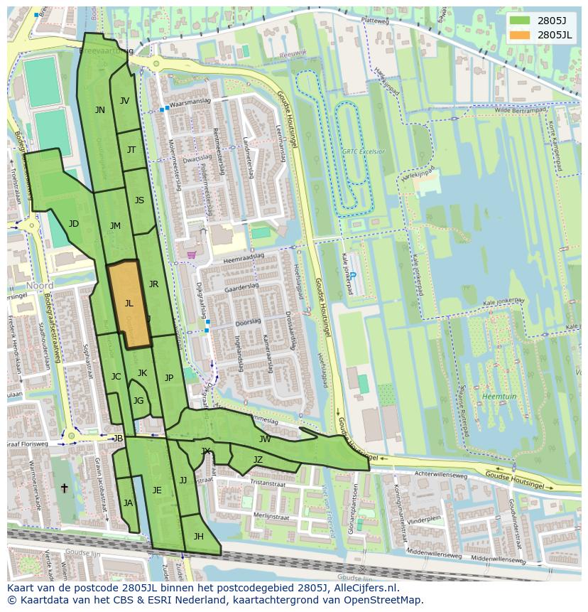 Afbeelding van het postcodegebied 2805 JL op de kaart.