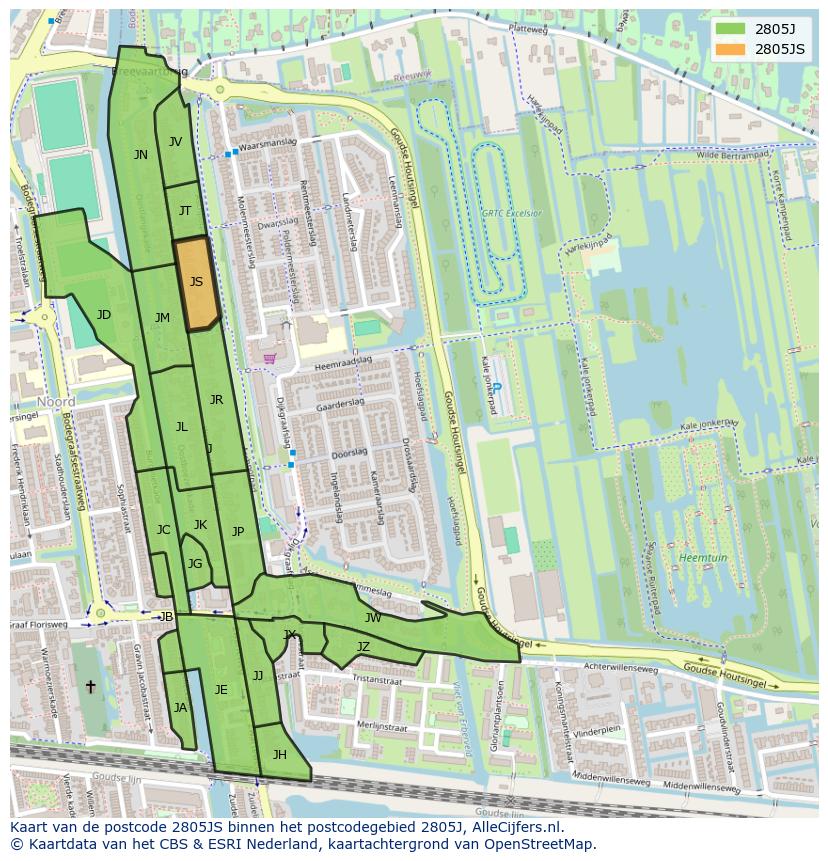 Afbeelding van het postcodegebied 2805 JS op de kaart.