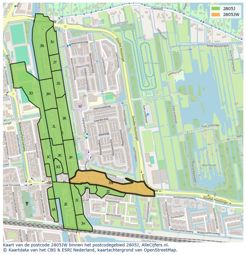 Afbeelding van het postcodegebied 2805 JW op de kaart.