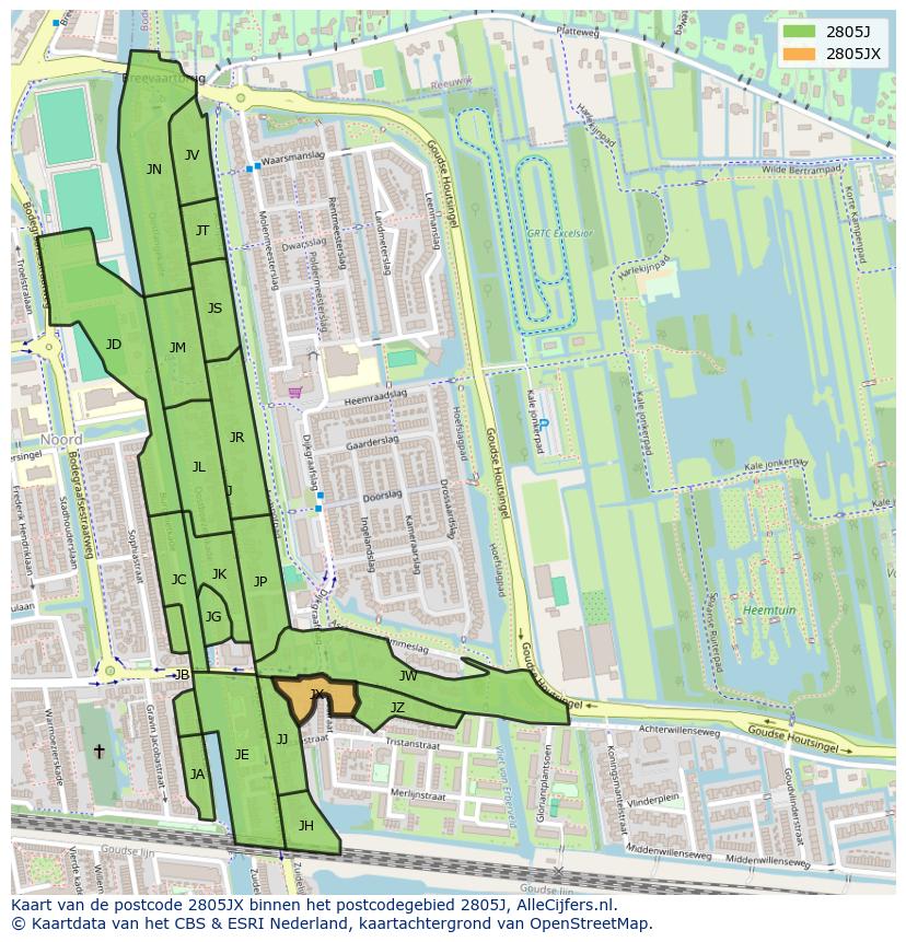 Afbeelding van het postcodegebied 2805 JX op de kaart.