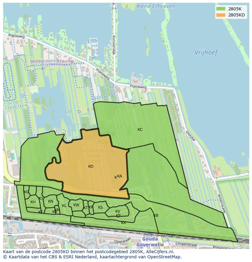 Afbeelding van het postcodegebied 2805 KD op de kaart.