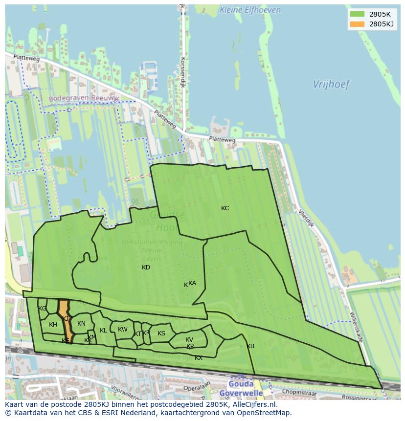 Afbeelding van het postcodegebied 2805 KJ op de kaart.
