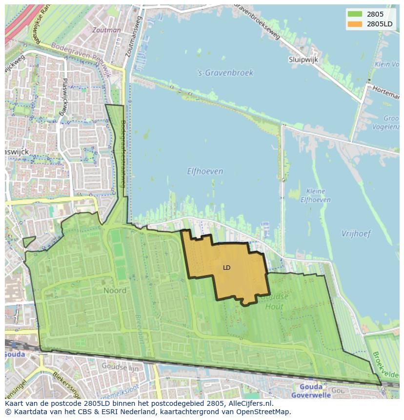 Afbeelding van het postcodegebied 2805 LD op de kaart.