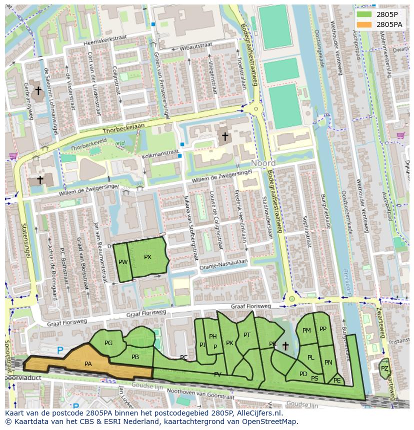 Afbeelding van het postcodegebied 2805 PA op de kaart.