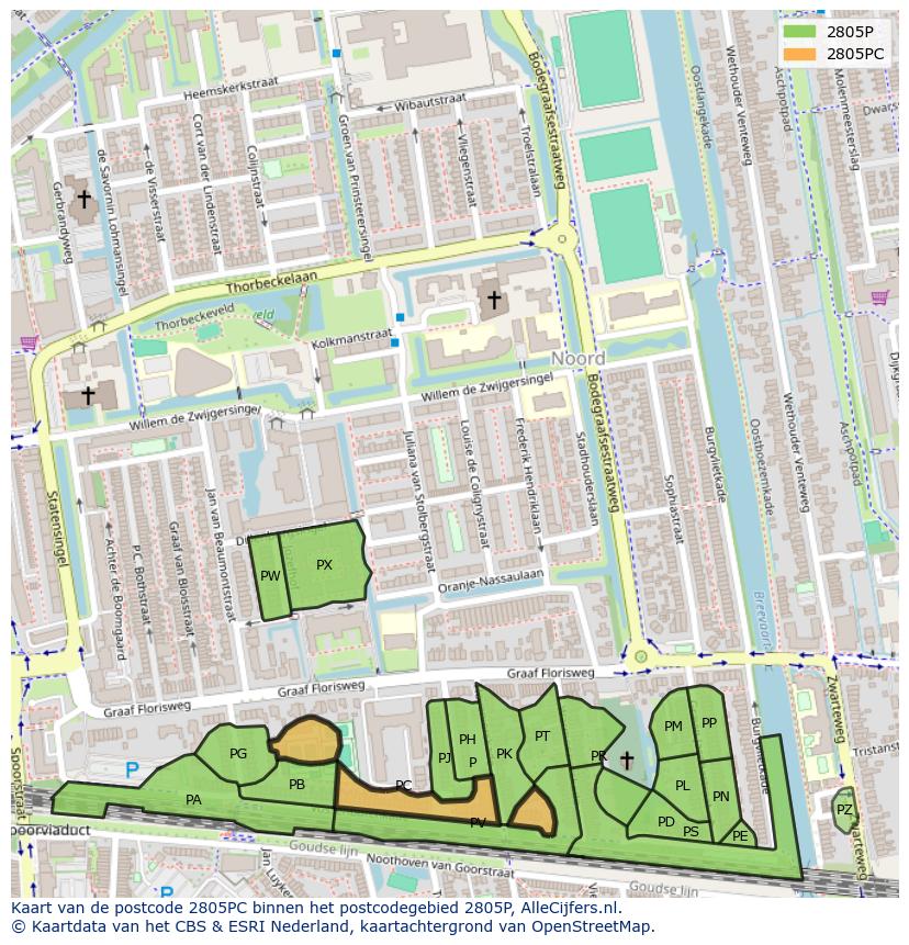 Afbeelding van het postcodegebied 2805 PC op de kaart.
