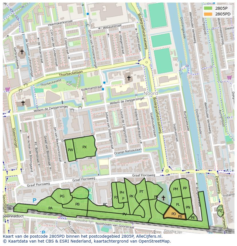 Afbeelding van het postcodegebied 2805 PD op de kaart.