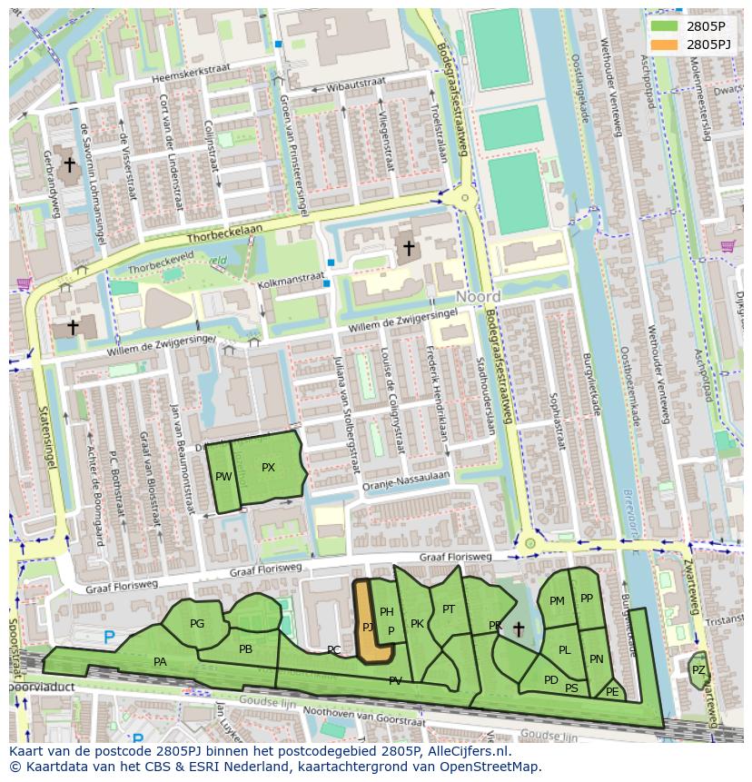 Afbeelding van het postcodegebied 2805 PJ op de kaart.