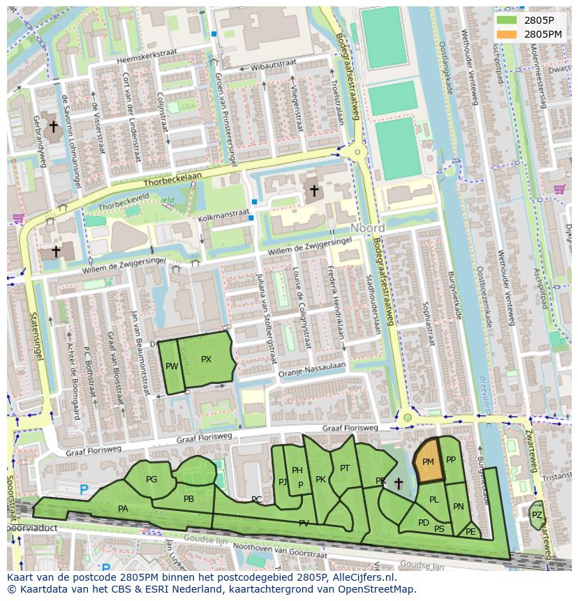 Afbeelding van het postcodegebied 2805 PM op de kaart.