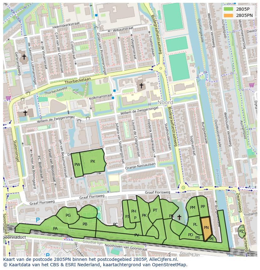 Afbeelding van het postcodegebied 2805 PN op de kaart.
