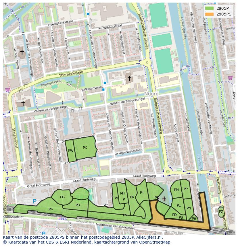 Afbeelding van het postcodegebied 2805 PS op de kaart.