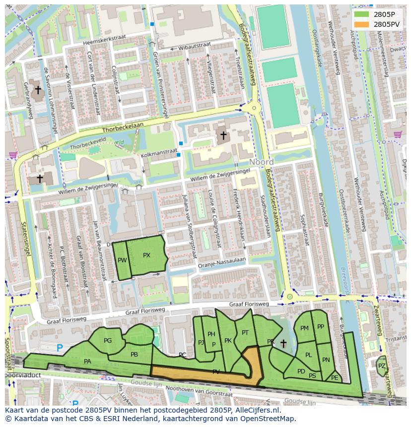 Afbeelding van het postcodegebied 2805 PV op de kaart.
