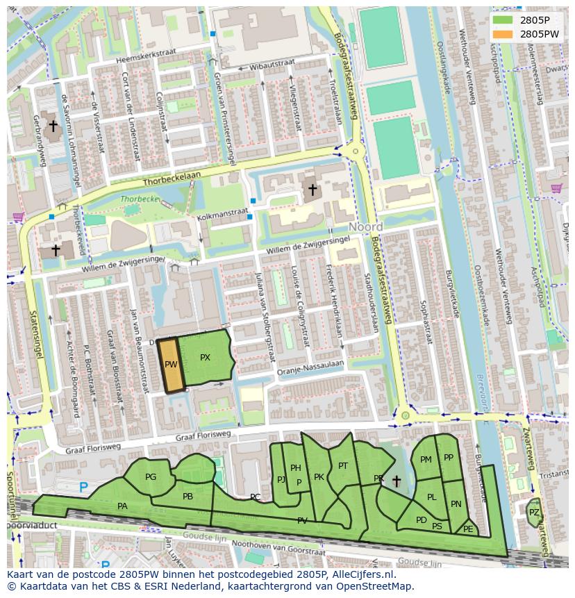 Afbeelding van het postcodegebied 2805 PW op de kaart.
