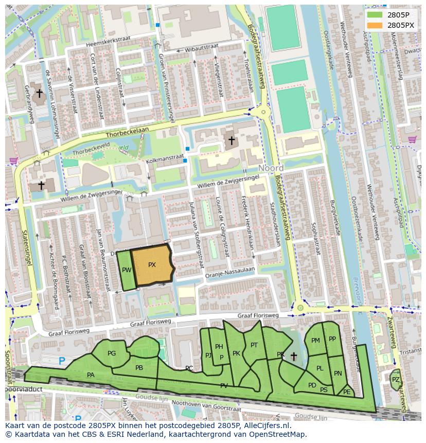Afbeelding van het postcodegebied 2805 PX op de kaart.