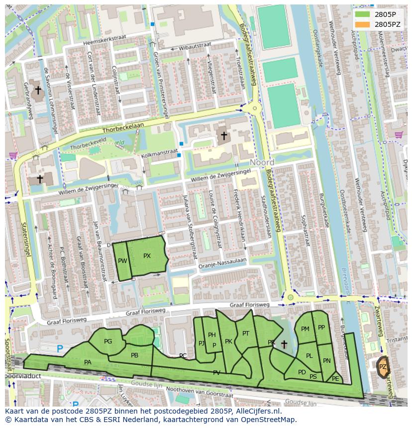 Afbeelding van het postcodegebied 2805 PZ op de kaart.