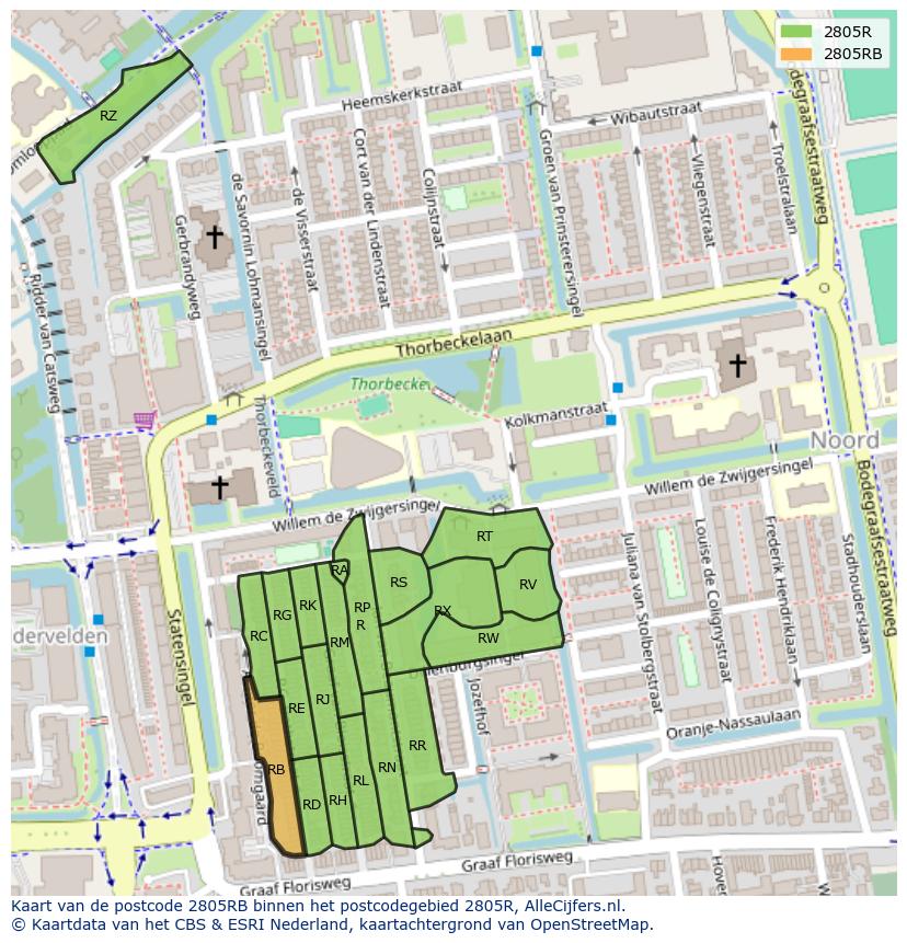 Afbeelding van het postcodegebied 2805 RB op de kaart.