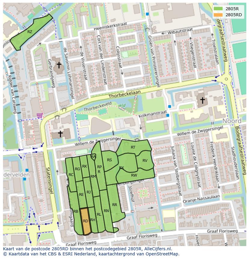 Afbeelding van het postcodegebied 2805 RD op de kaart.