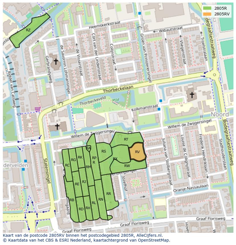 Afbeelding van het postcodegebied 2805 RV op de kaart.