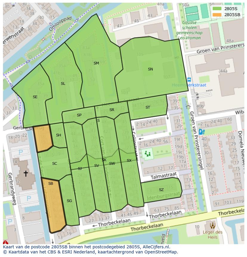 Afbeelding van het postcodegebied 2805 SB op de kaart.