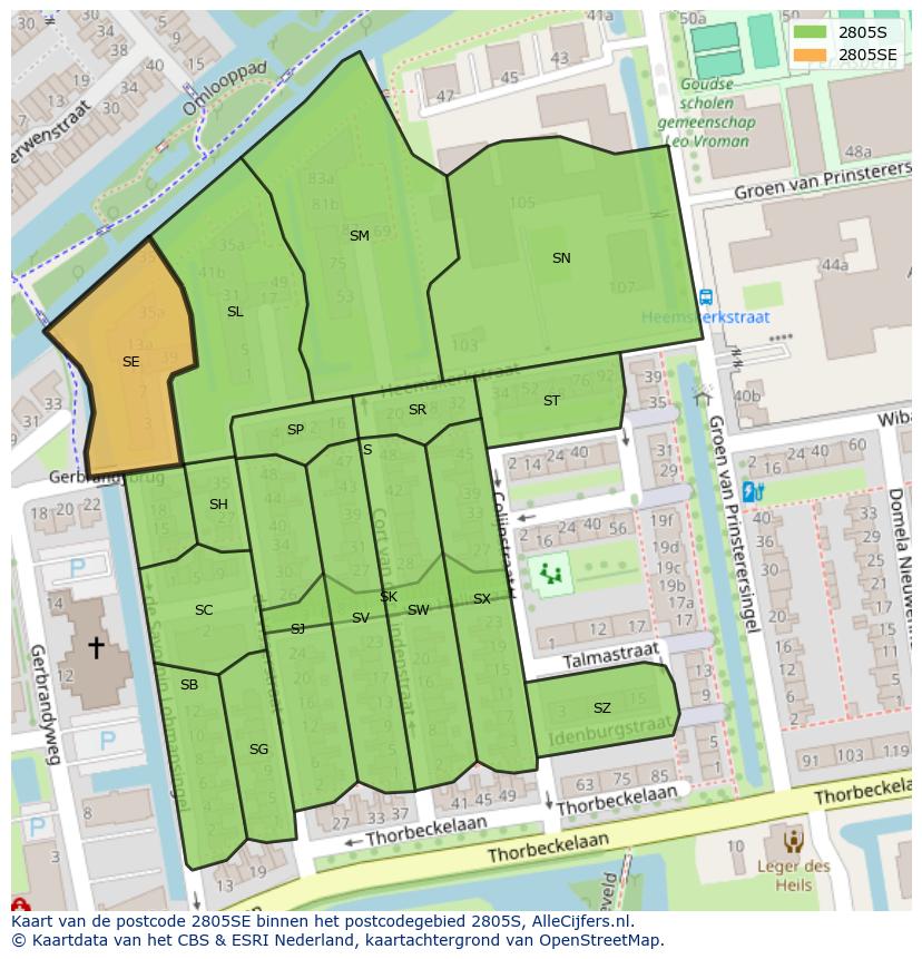 Afbeelding van het postcodegebied 2805 SE op de kaart.