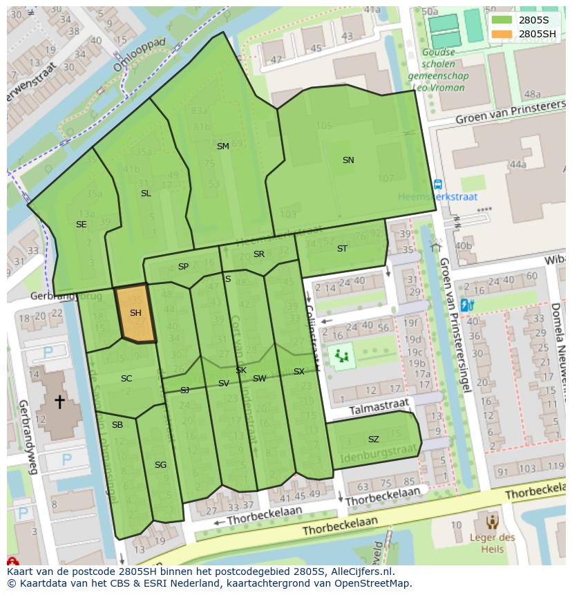 Afbeelding van het postcodegebied 2805 SH op de kaart.