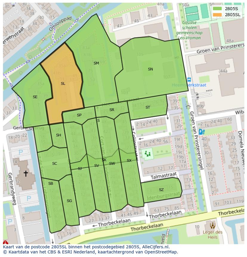 Afbeelding van het postcodegebied 2805 SL op de kaart.