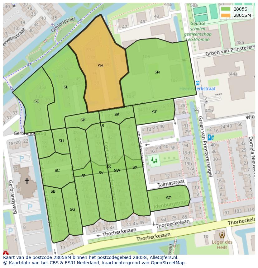 Afbeelding van het postcodegebied 2805 SM op de kaart.