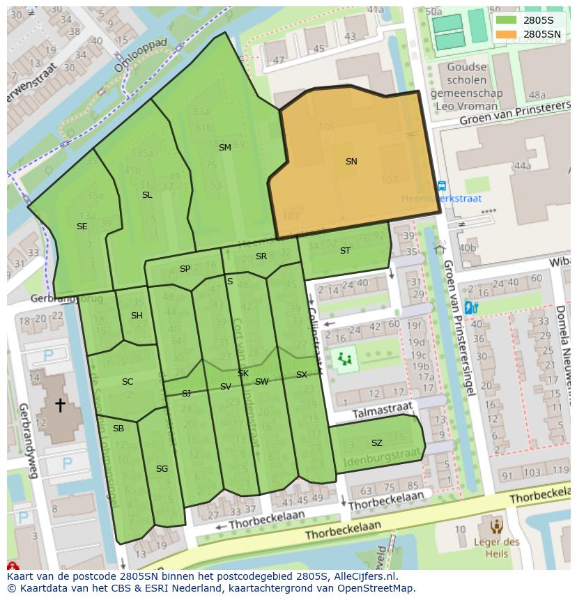 Afbeelding van het postcodegebied 2805 SN op de kaart.