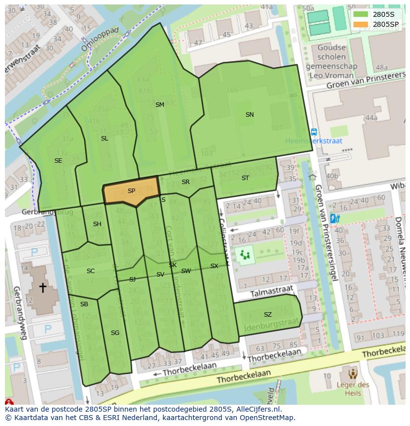 Afbeelding van het postcodegebied 2805 SP op de kaart.