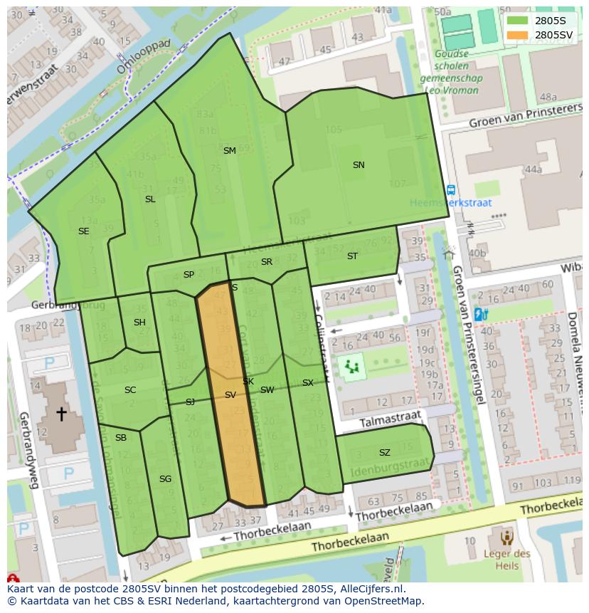 Afbeelding van het postcodegebied 2805 SV op de kaart.