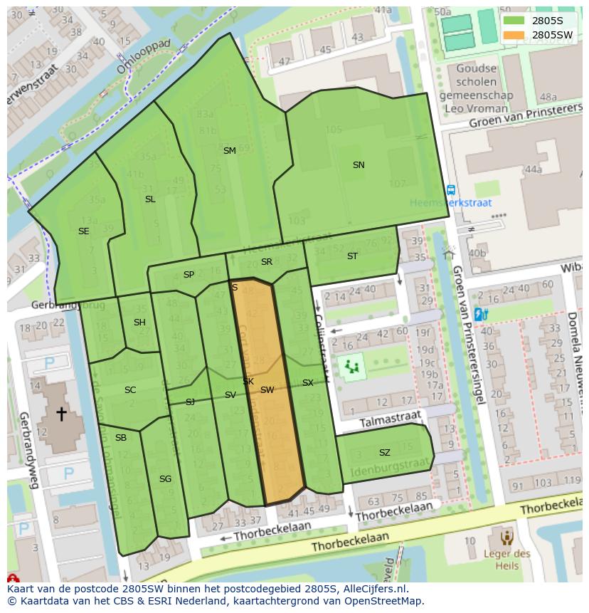 Afbeelding van het postcodegebied 2805 SW op de kaart.