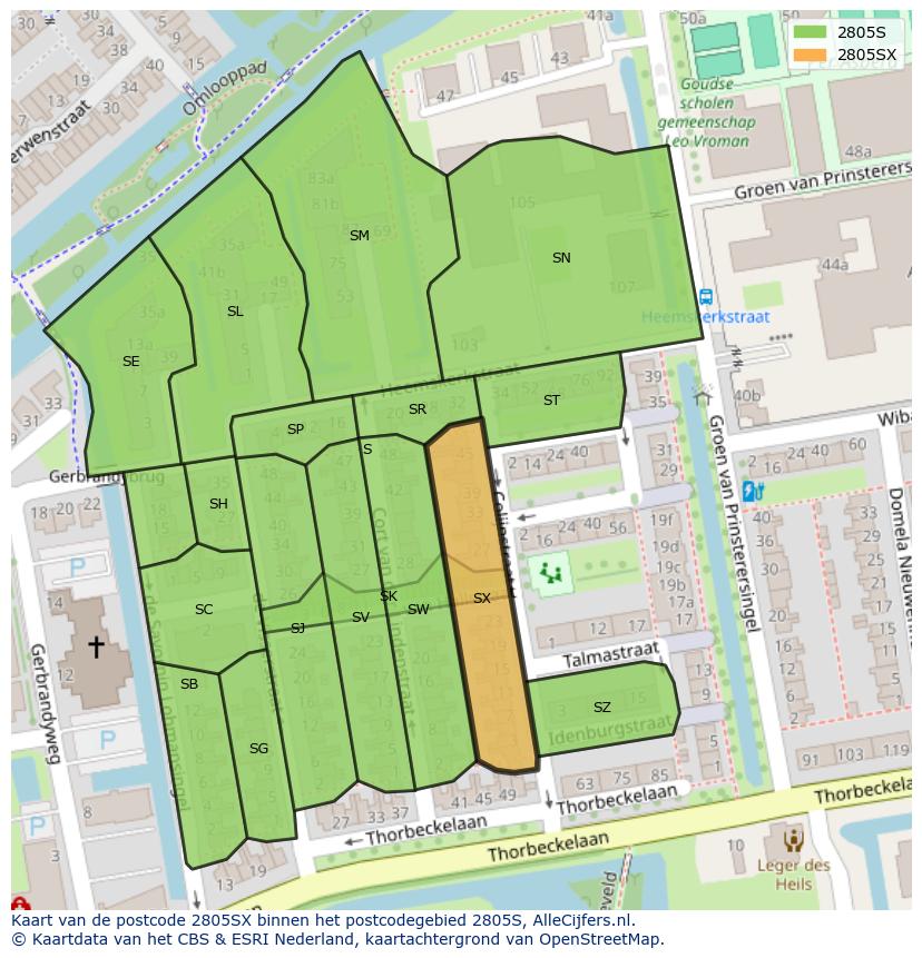 Afbeelding van het postcodegebied 2805 SX op de kaart.