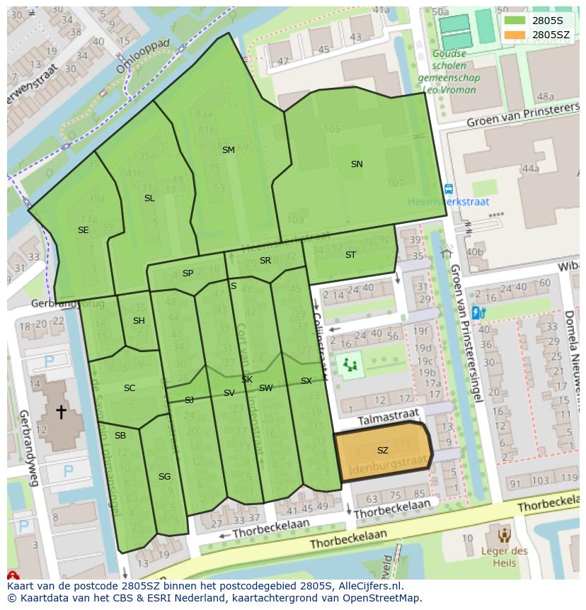 Afbeelding van het postcodegebied 2805 SZ op de kaart.