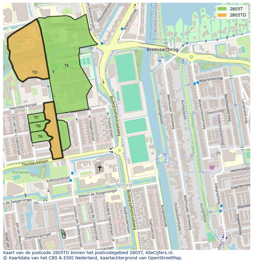 Afbeelding van het postcodegebied 2805 TD op de kaart.